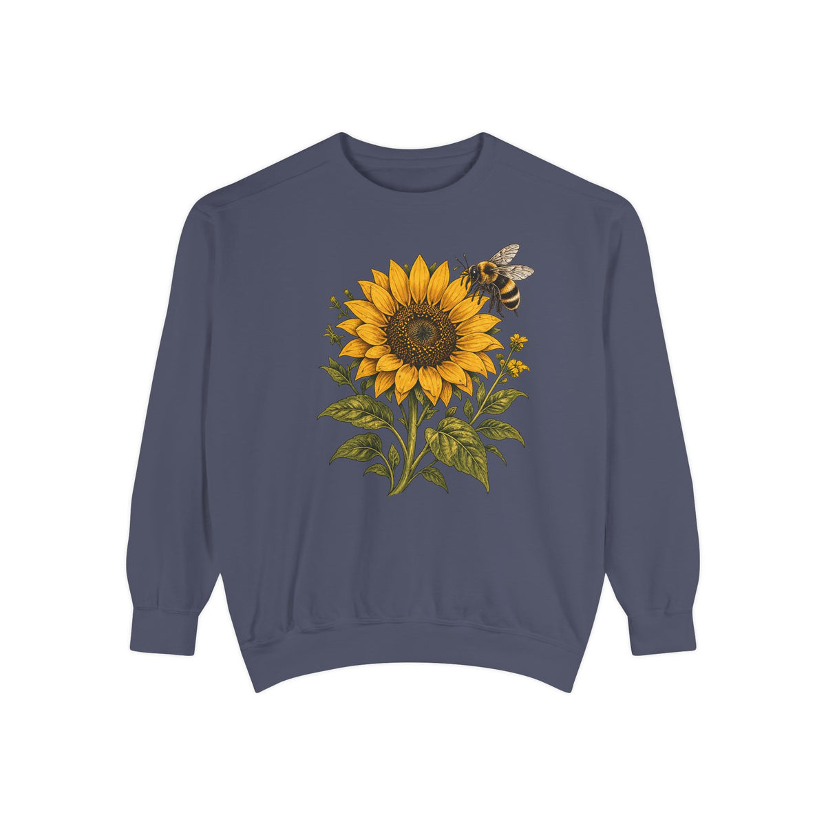 Sunflower and bumblebee sweatshirt in Denim, a dark washed indigo garment-dyed Comfort Colors 1566 crewneck with a golden sunflower and hovering bumblebee