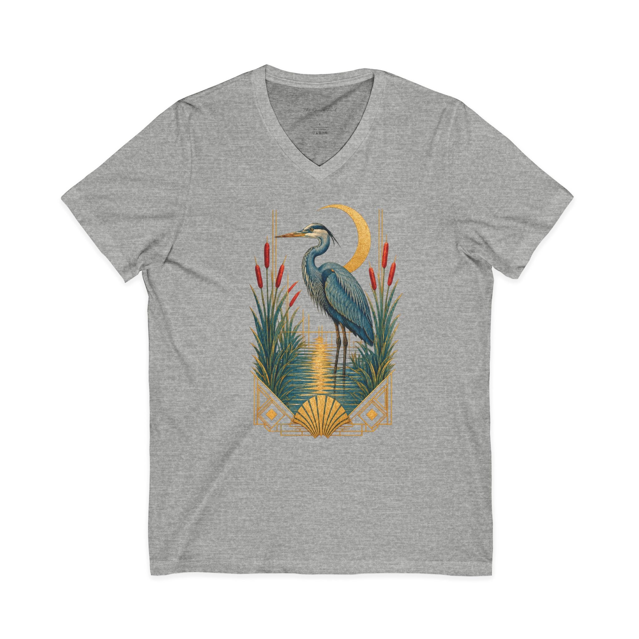 Art Deco Heron & Cattails V-Neck T-Shirt