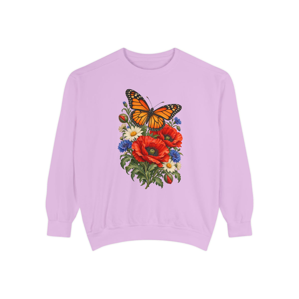 The poppy and butterfly print large and centered on the chest of the crewneck sweatshirt, not a back print