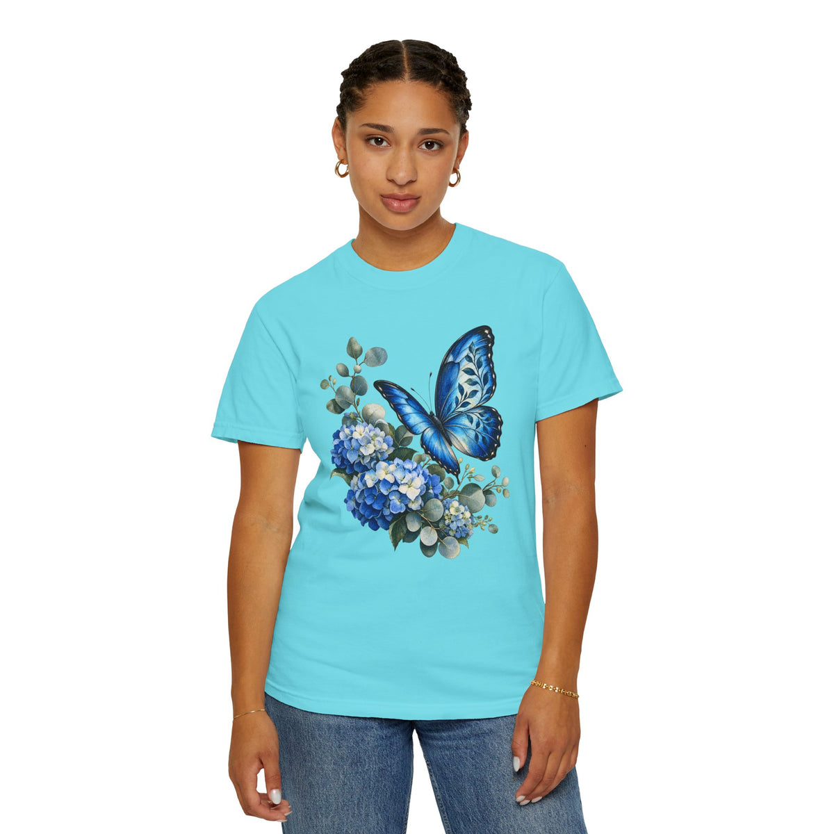Blue Morpho & Hydrangea T-Shirt — Garment-Dyed Cotton