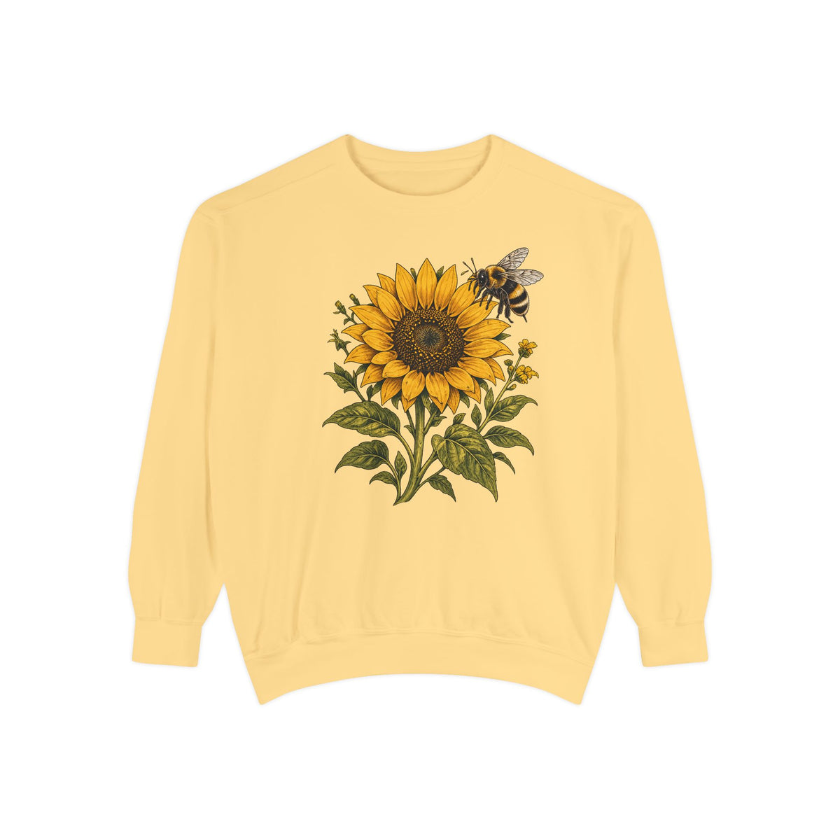 Sunflower and bumblebee sweatshirt in Butter, a soft pale yellow garment-dyed Comfort Colors 1566 crewneck with a golden sunflower and hovering bumblebee