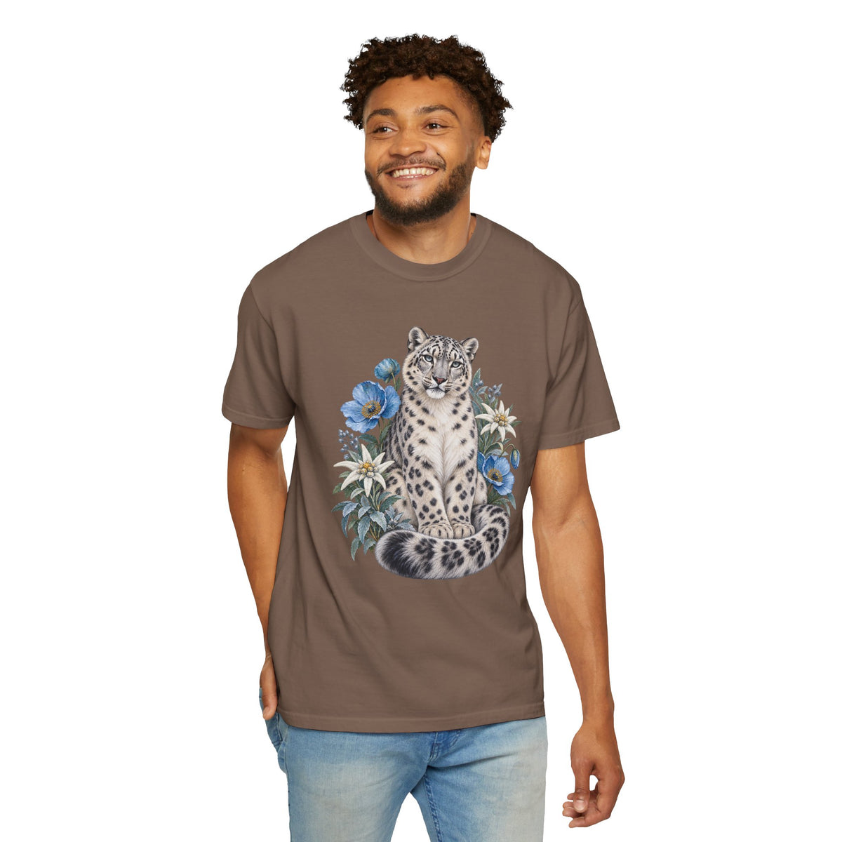Snow Leopard & Blue Poppy T-Shirt worn with jeans, front view