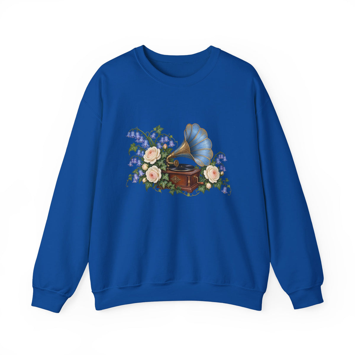 The Song Stayed crewneck sweatshirt, a vintage gramophone with a blue gold-trimmed horn among cream roses and blue bell-shaped flowers, image 2 of 17
