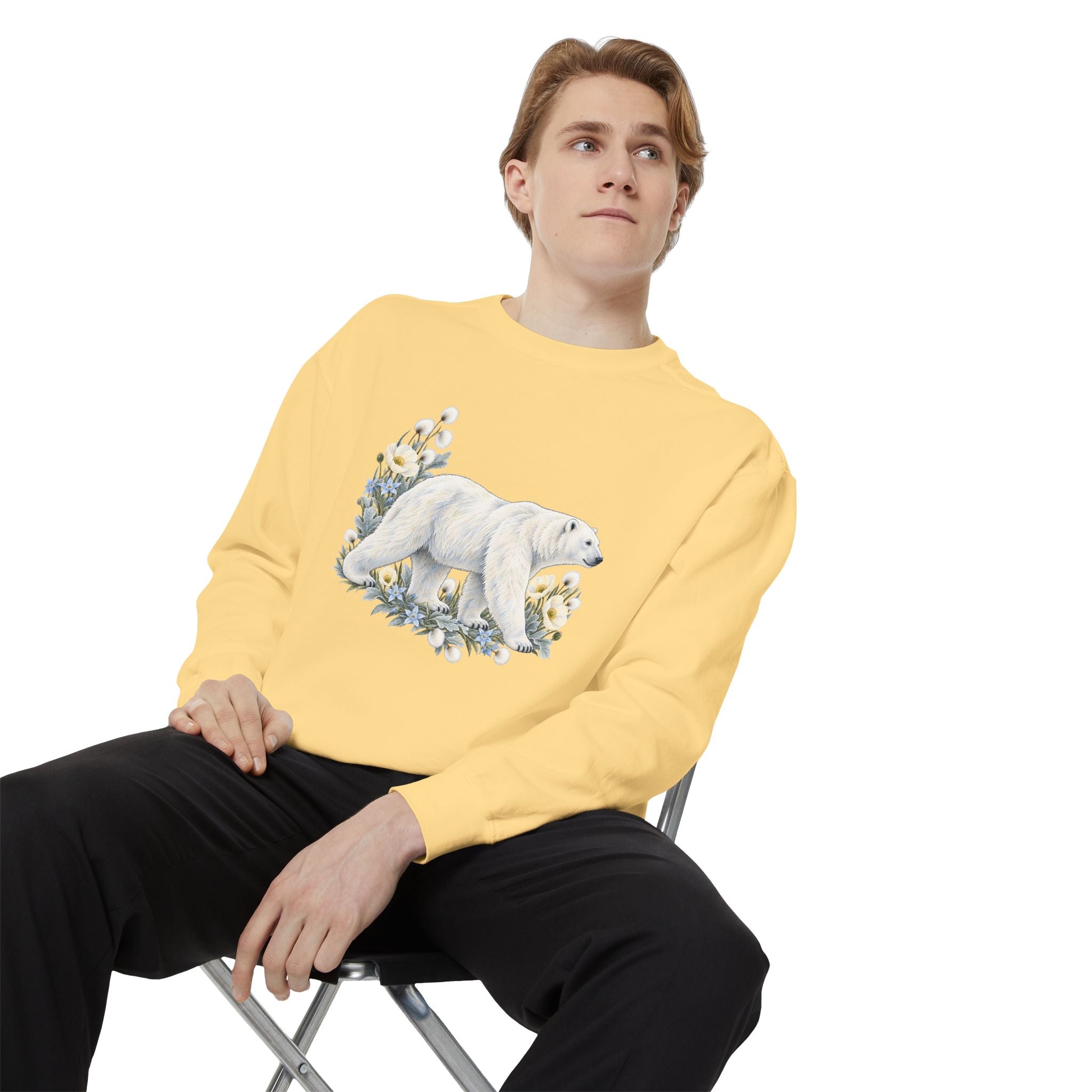 Polar Bear & Arctic Blooms Sweatshirt — Garment-Dyed Fleece