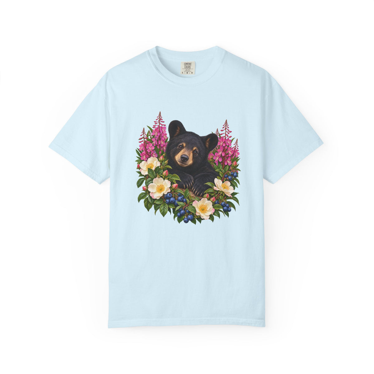 The black bear, fireweed and blueberry illustration shown on the chest of a garment-dyed Comfort Colors heavyweight cotton tee