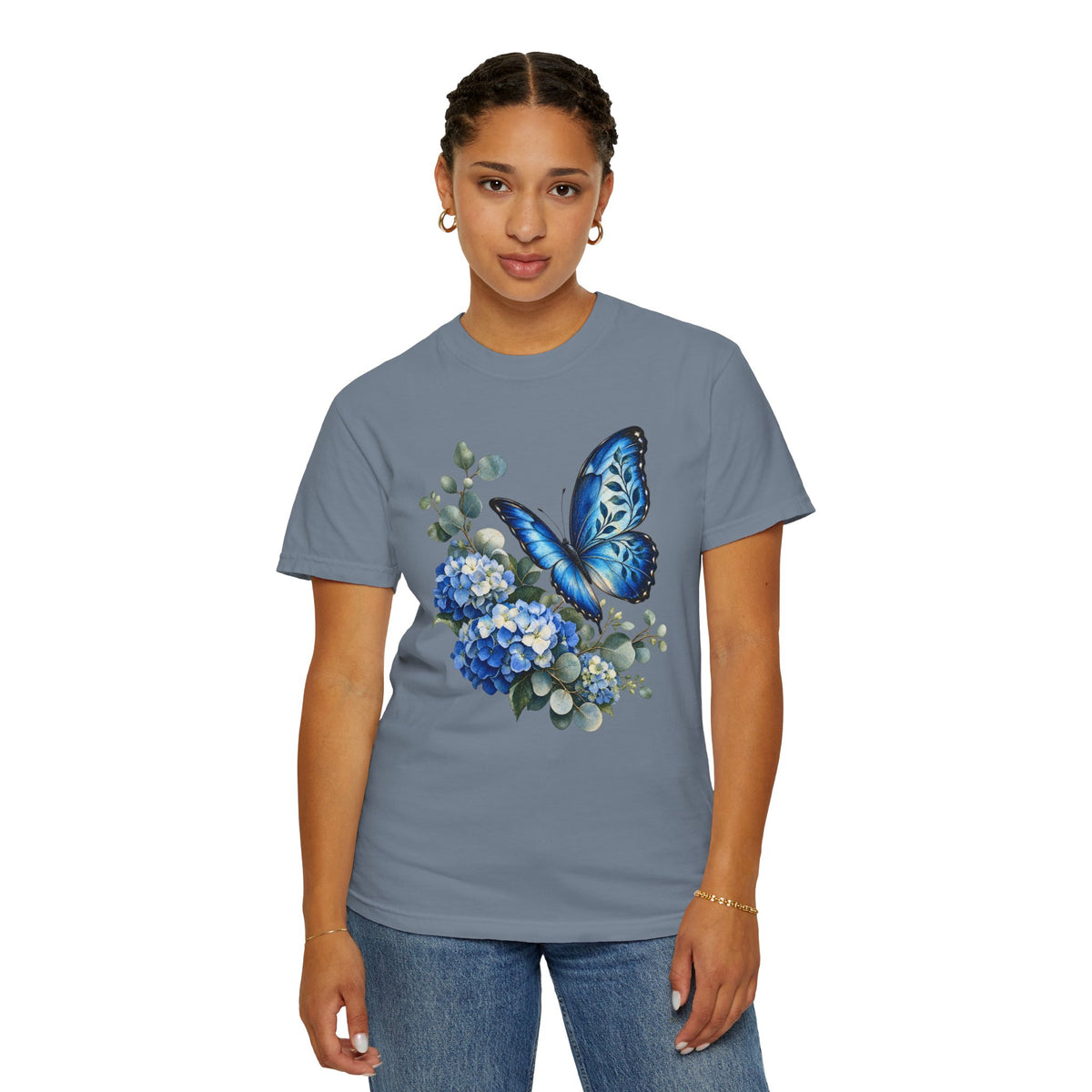 Blue Morpho & Hydrangea T-Shirt — Garment-Dyed Cotton