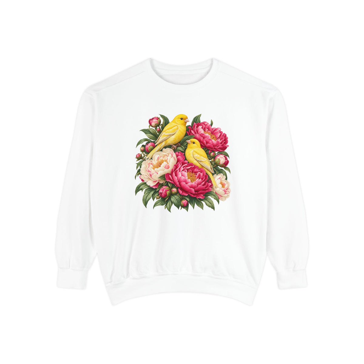 Yellow Songbirds and Pink Peony Sweatshirt - two golden-yellow songbirds perched among full pink peonies, cream blossoms and glossy green leaves, on a garment-dyed Comfort Colors crewneck