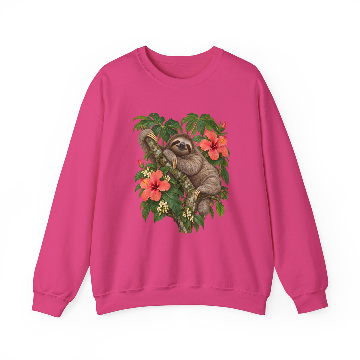 Taking My Sweet Time sweatshirt — a sloth resting on a mossy branch among coral hibiscus, cream blossoms and tropical leaves, on a unisex crewneck
