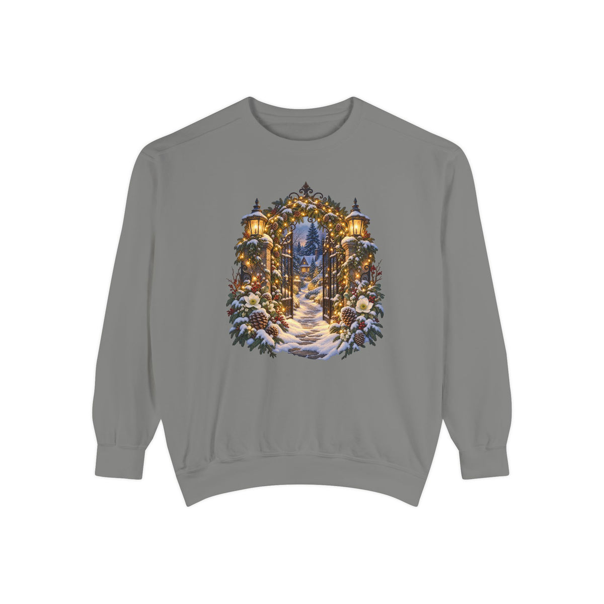 Christmas garden gate sweatshirt in Grey, a soft heather gray garment-dyed Comfort Colors 1566 crewneck with a snowy lantern-lit garden gate