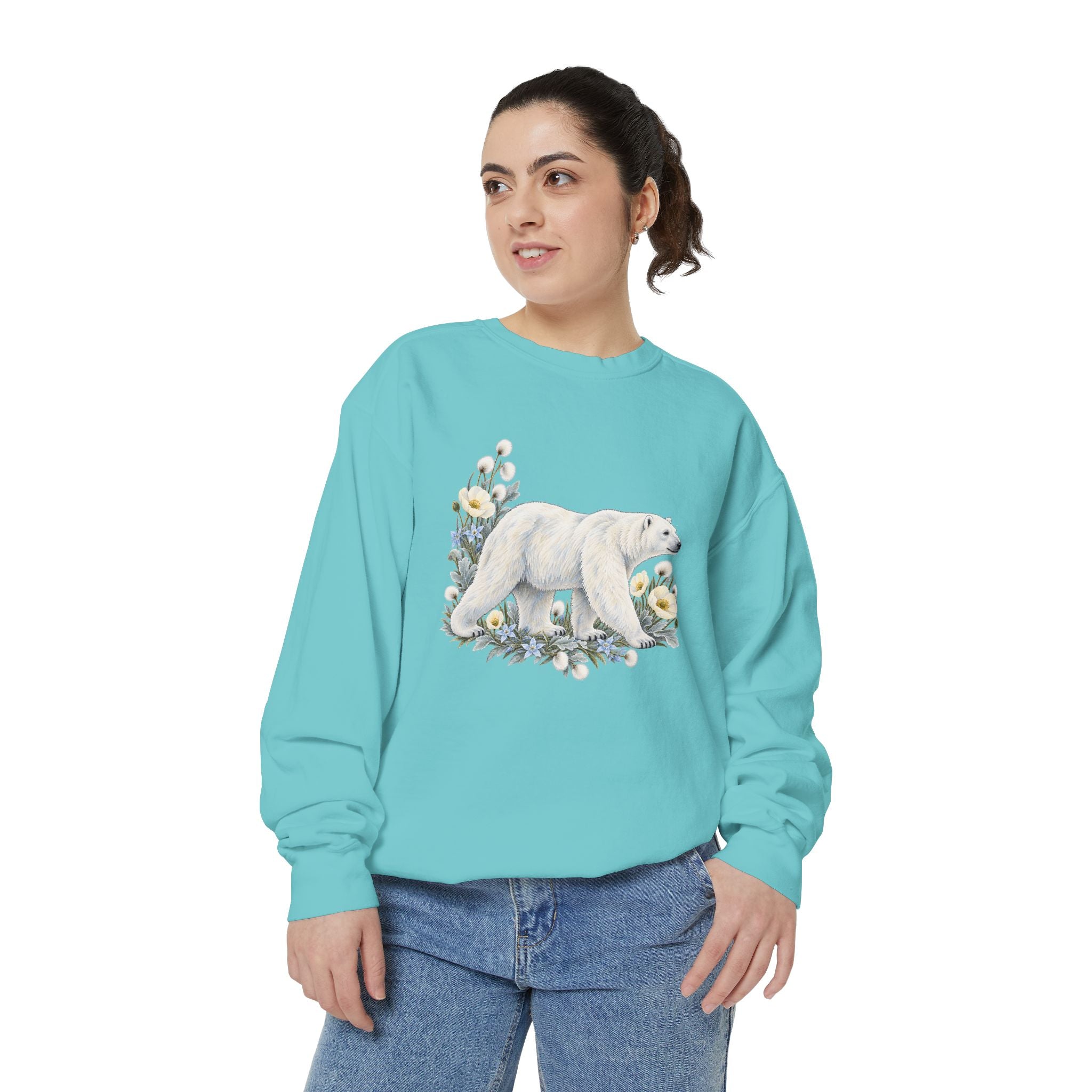 Polar Bear & Arctic Blooms Sweatshirt — Garment-Dyed Fleece