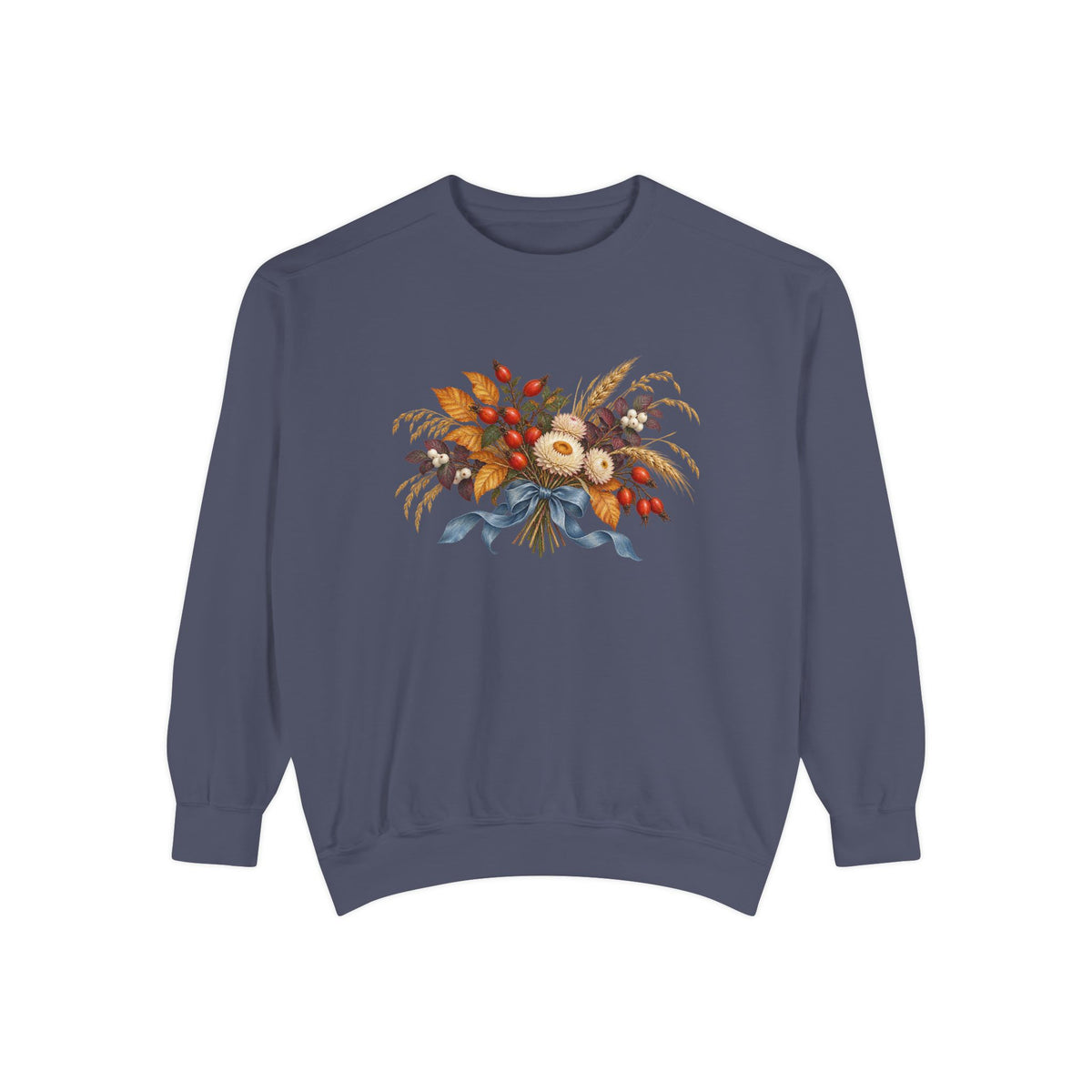 Tied to September sweatshirt in Denim, an autumn bouquet of rose hips, cream flowers and golden grasses tied with a blue bow