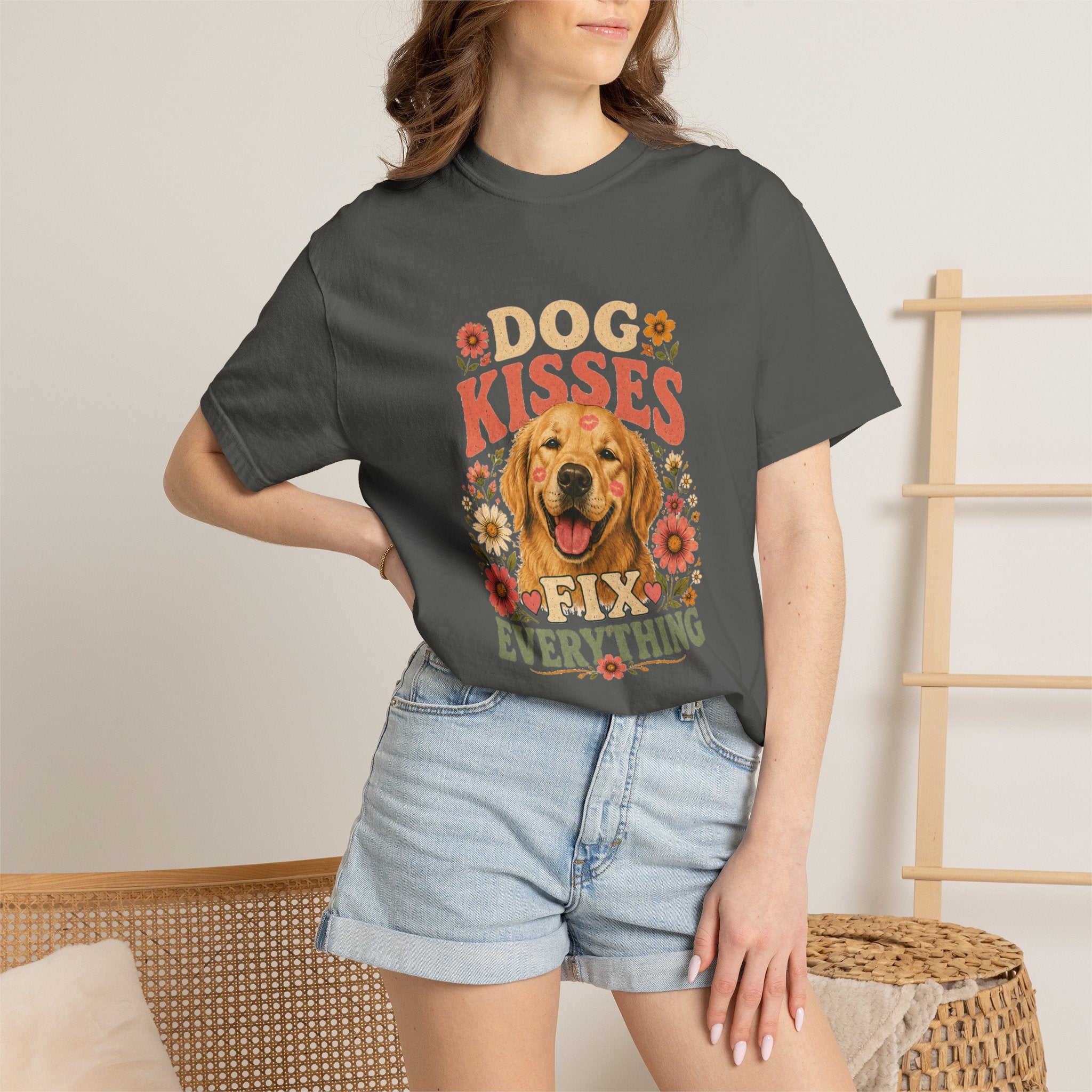 Dog Kisses Fix Everything Golden Retriever tee branded slide