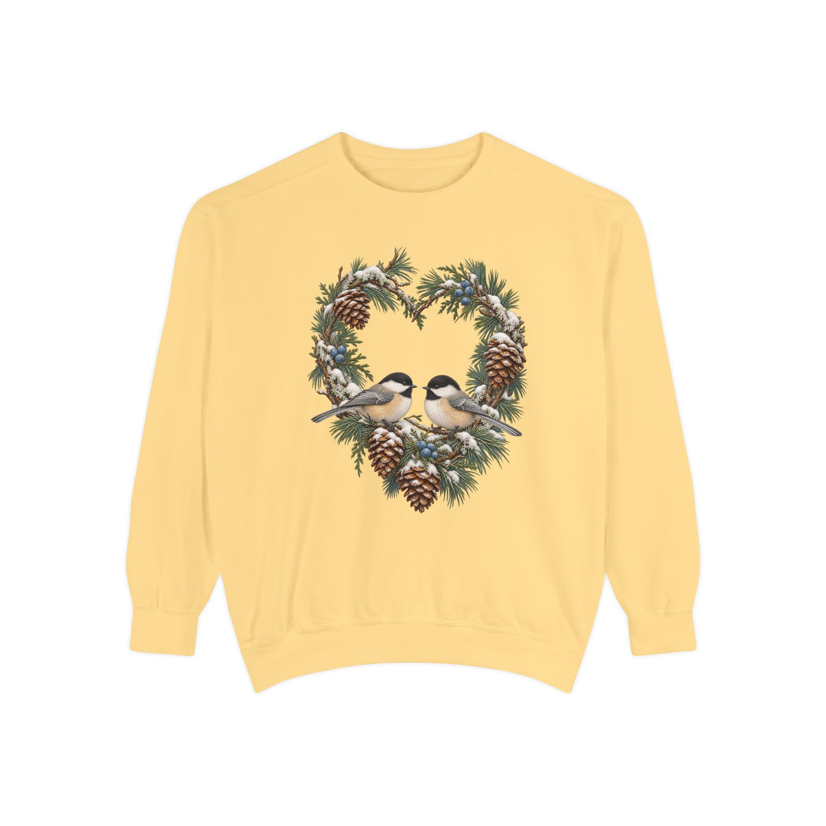 Chickadee heart wreath sweatshirt in Butter, front view