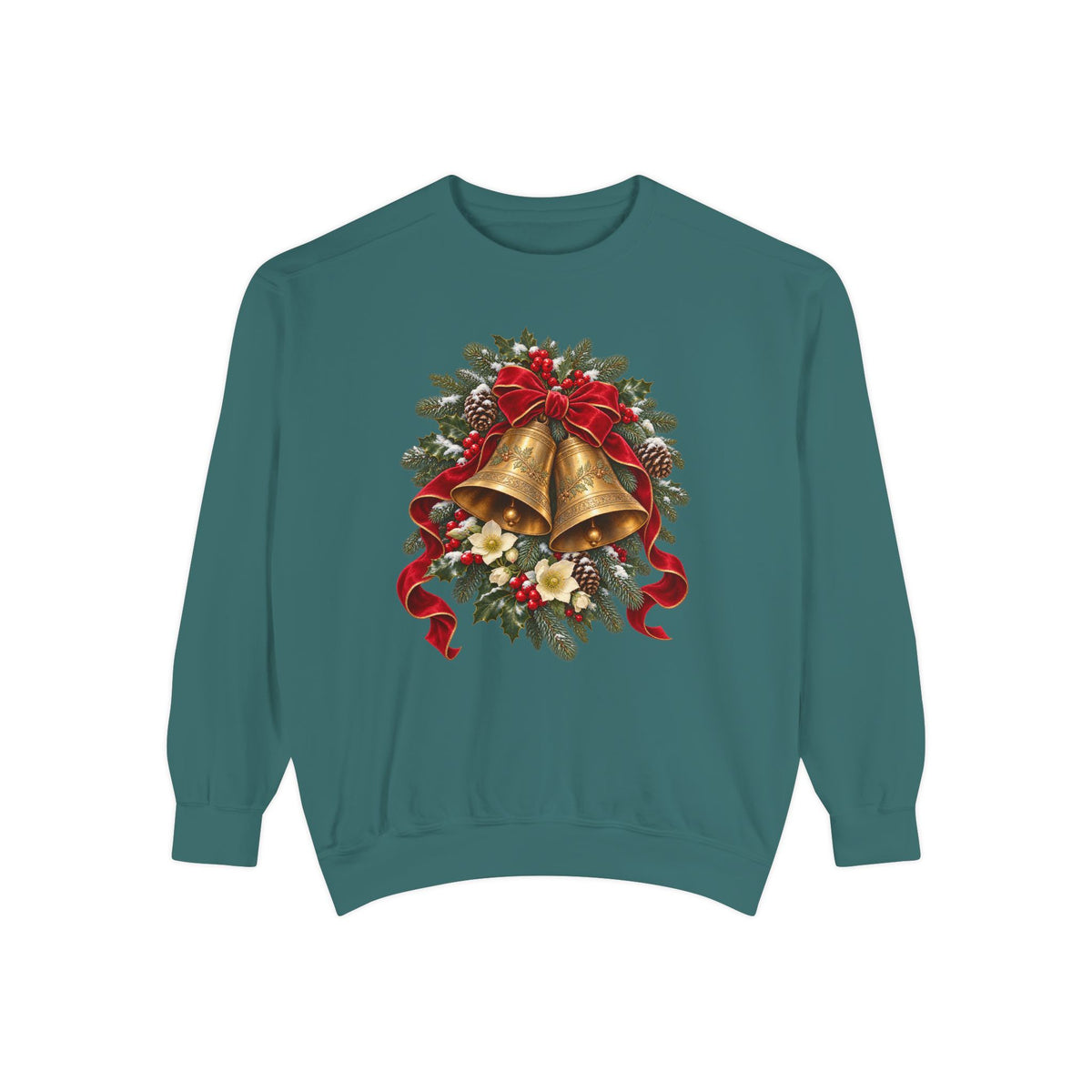 Vintage Christmas bells sweatshirt in Blue Spruce, front view