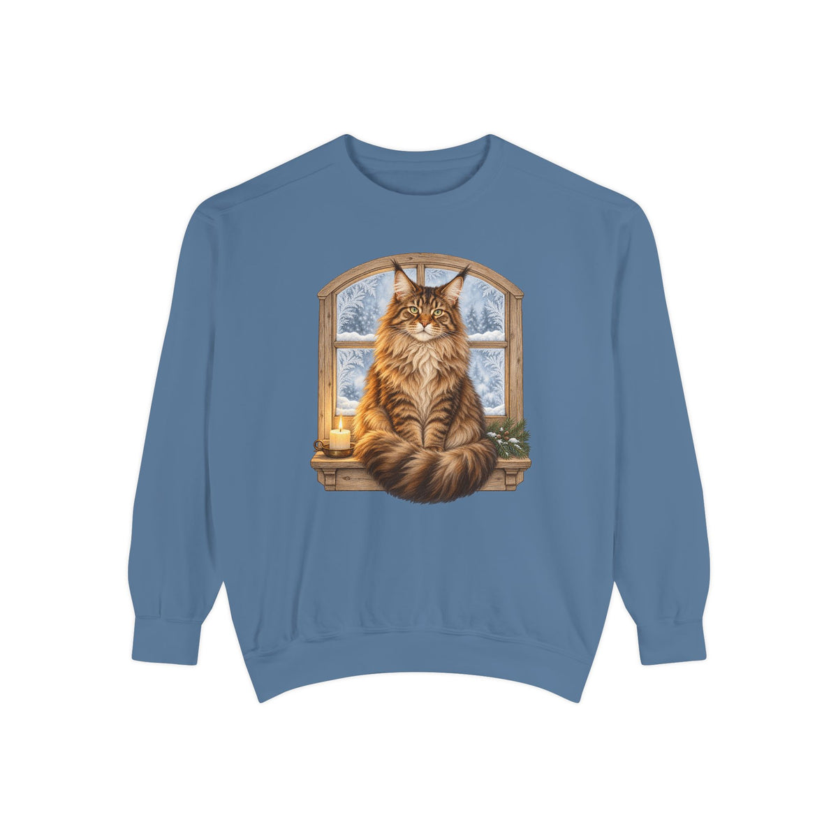 Maine Coon at the window sweatshirt in Blue Jean, front view