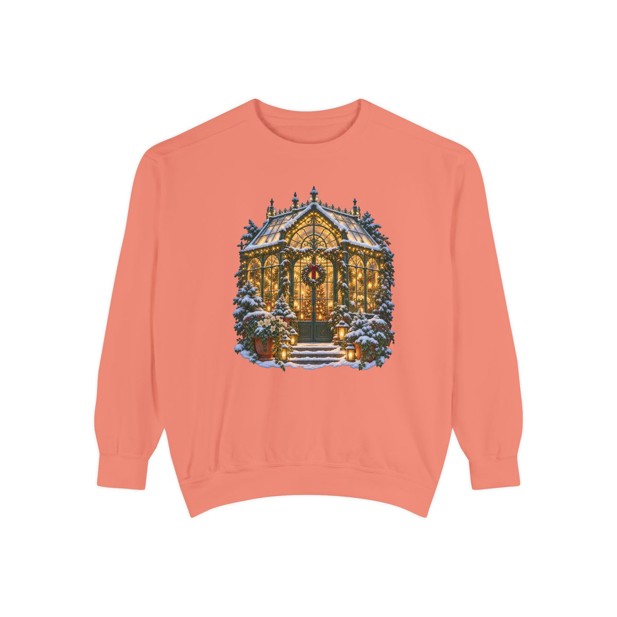 Christmas greenhouse sweatshirt in Terracotta, a warm clay garment-dyed Comfort Colors 1566 crewneck with a lit snowy conservatory