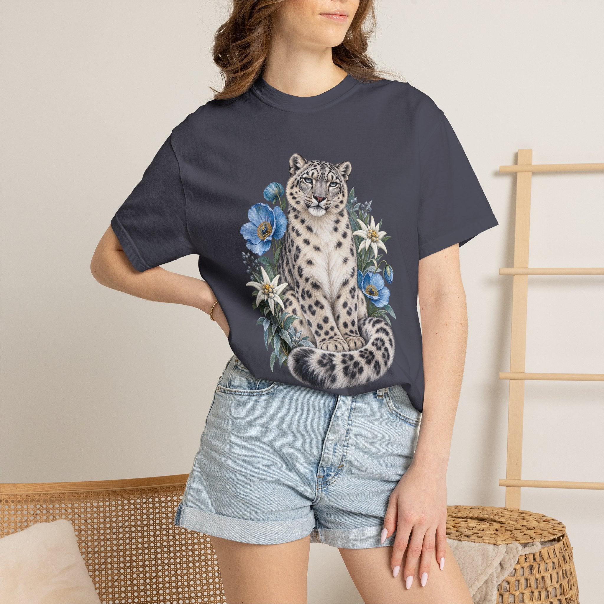 Snow Leopard & Blue Poppy T-Shirt — front view on model