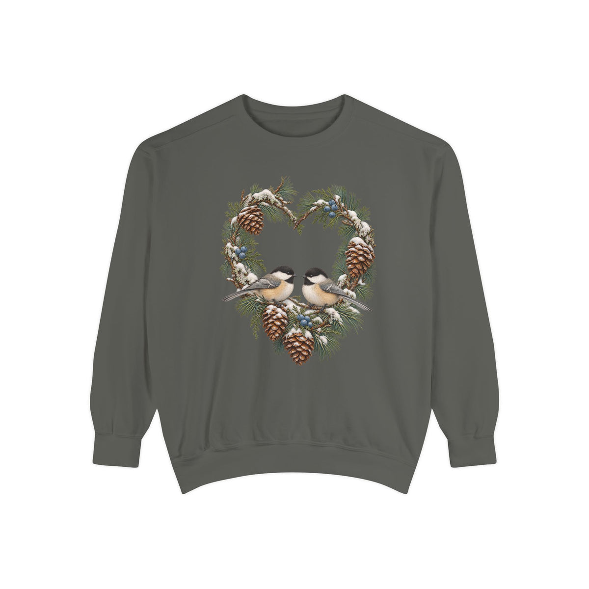 Chickadee heart wreath sweatshirt in Pepper, front view