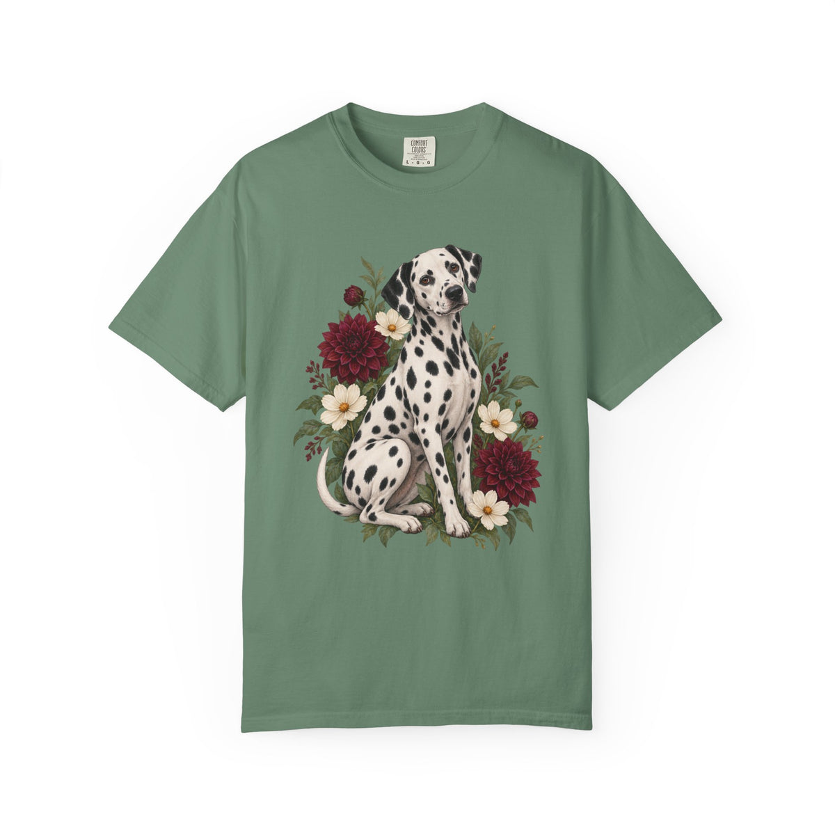 Dalmatian & Dahlia T-Shirt — close-up of the dahlia artwork