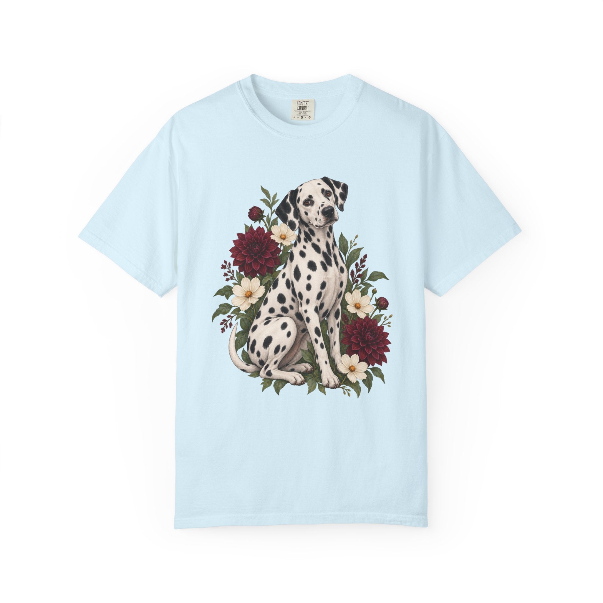 Dalmatian & Dahlia T-Shirt — dog lover botanical tee, worn