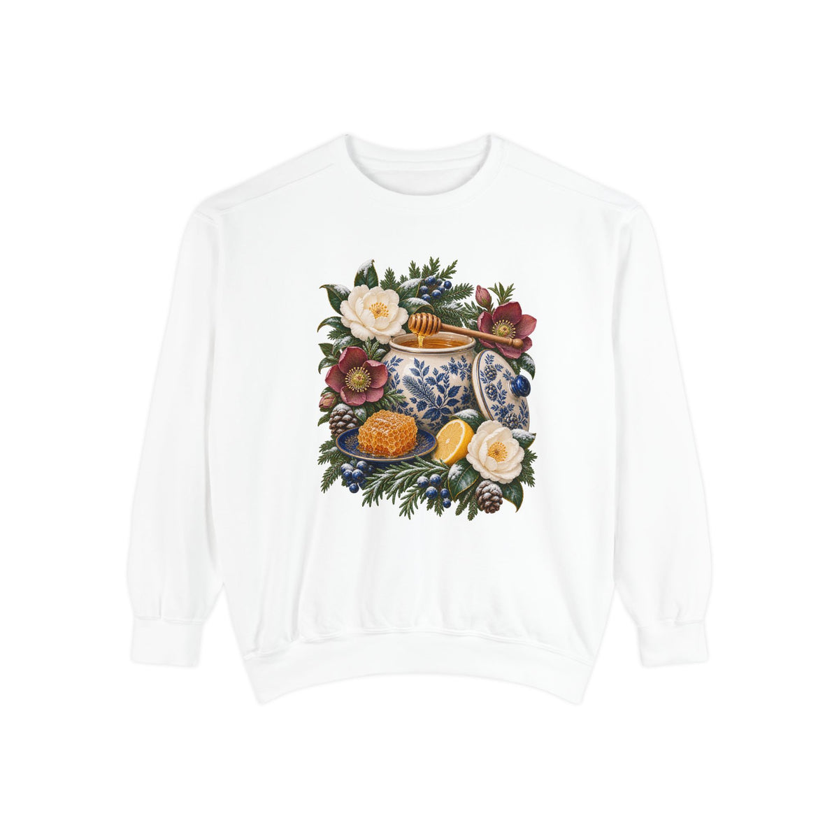 Blue and white honey jar and winter florals print on a heavyweight garment-dyed Comfort Colors 1566 crewneck — a cream and cobalt transferware jar of honey with a wooden dipper, honeycomb on a blue plate and a cut lemon among winter florals