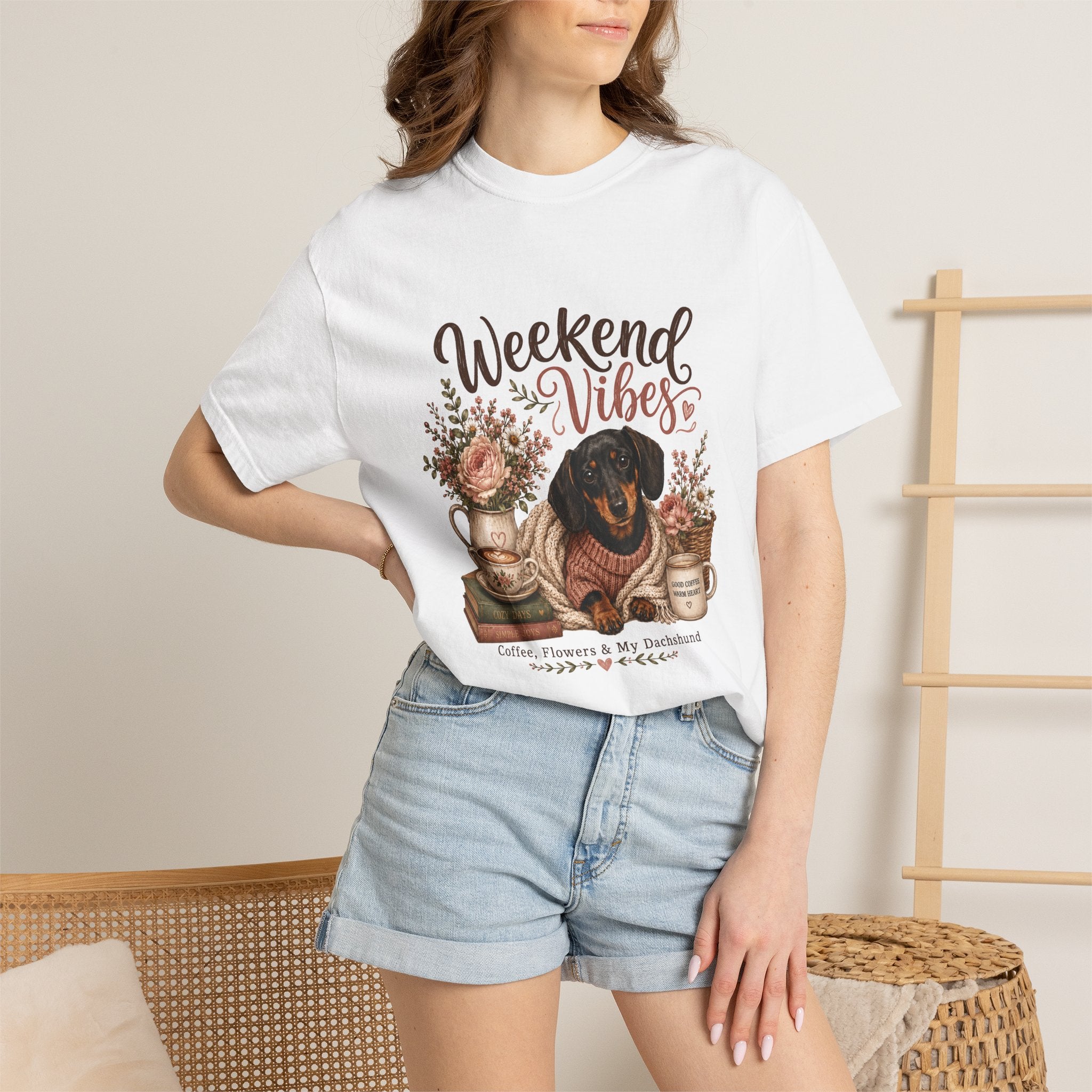 Weekend Vibes Dachshund Comfort Colors Shirt, Coffee Flowers Doxie Tee, Dachshund Mom Gift, Cozy Dog Shirt, Dog Lover Gift Her