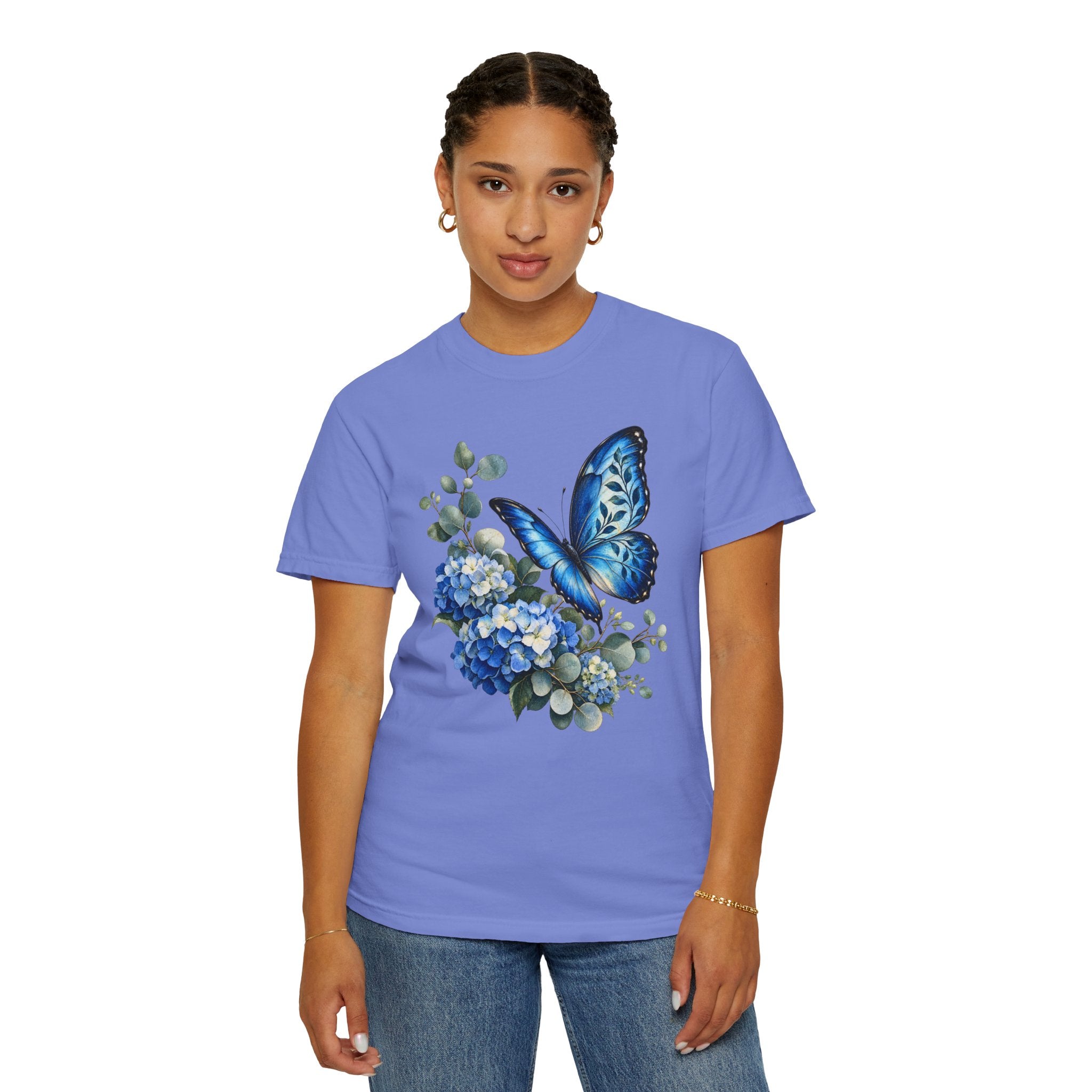 Blue Morpho & Hydrangea T-Shirt — Garment-Dyed Cotton