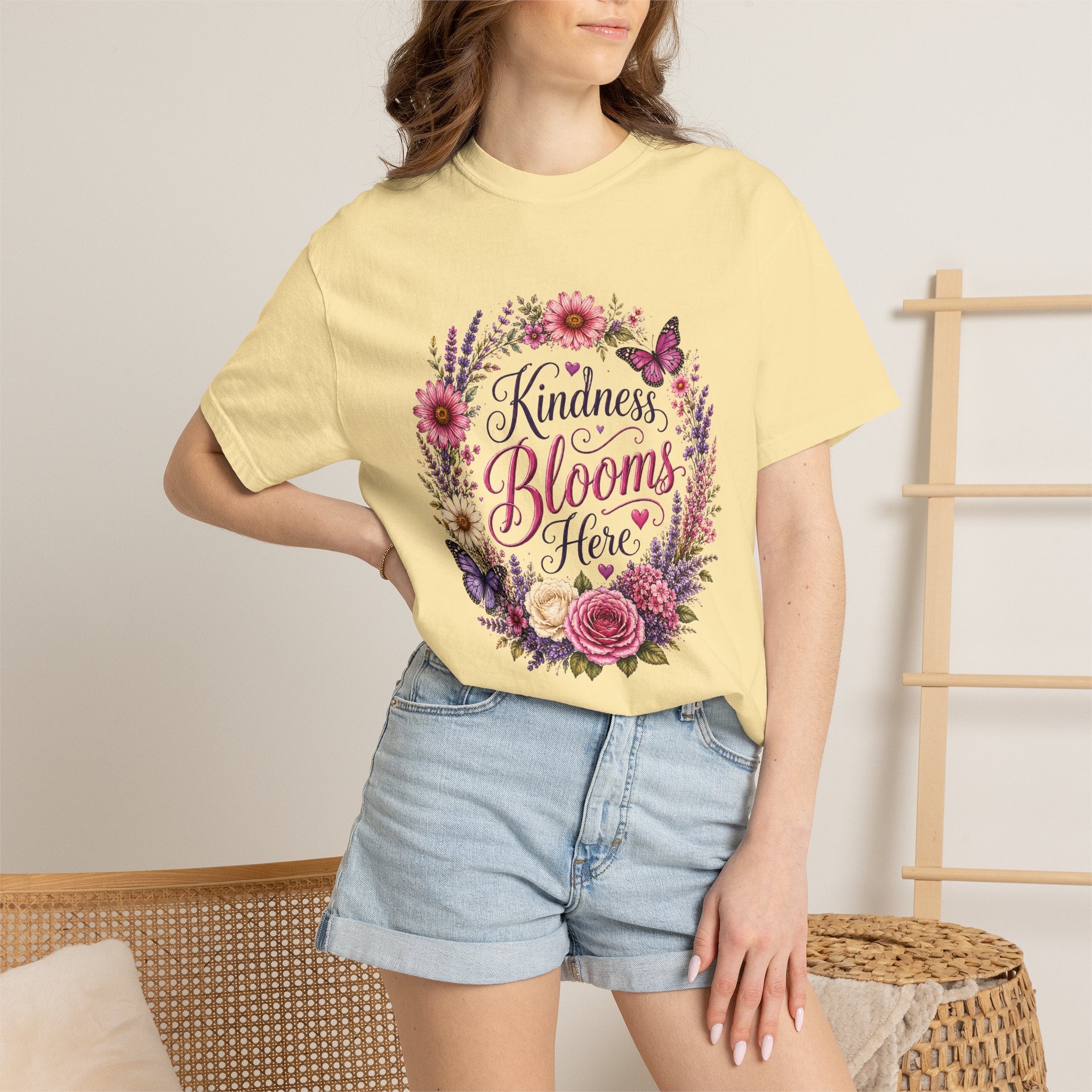 Kindness Blooms Here floral tee branded slide
