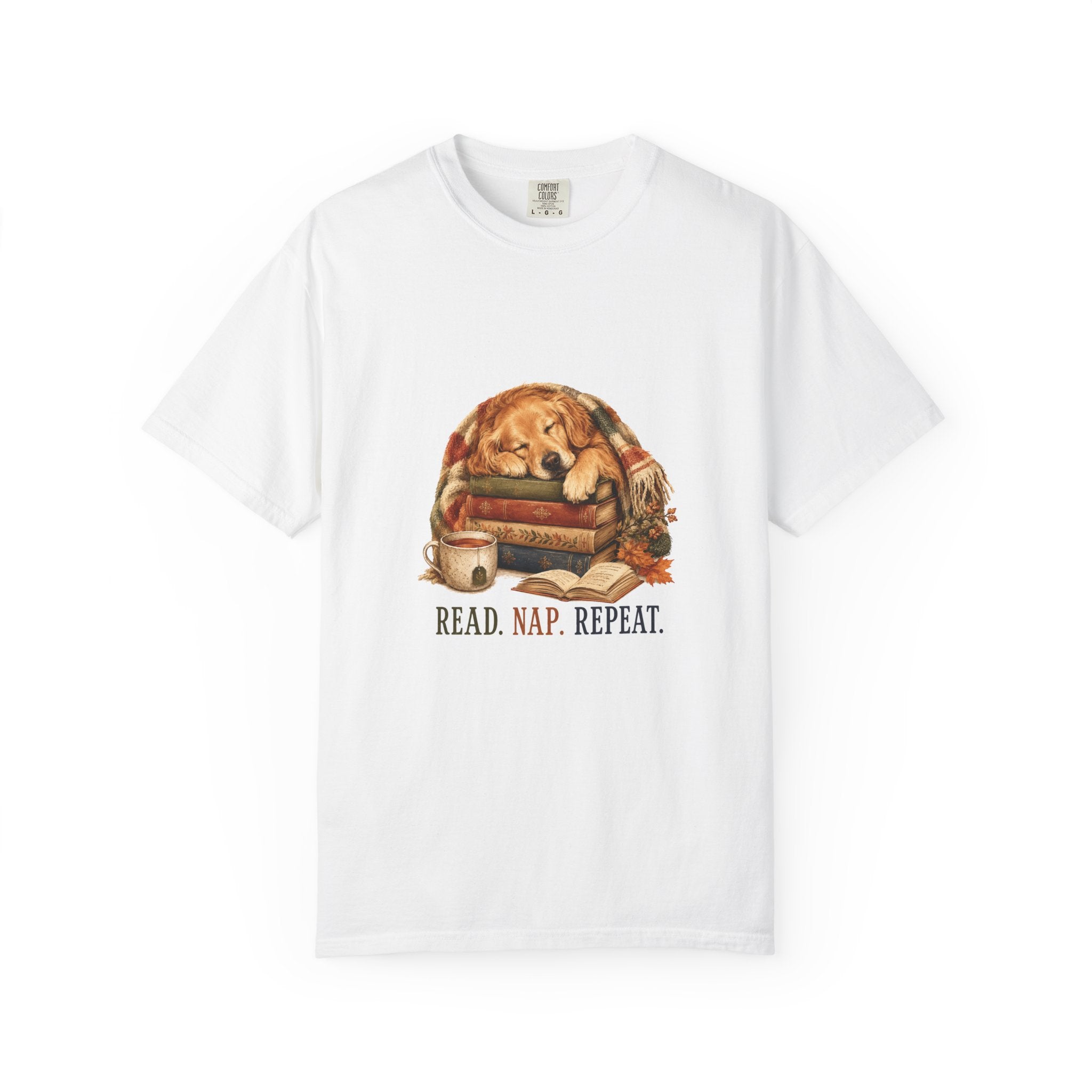 Read Nap Repeat Golden Retriever cozy tee front view