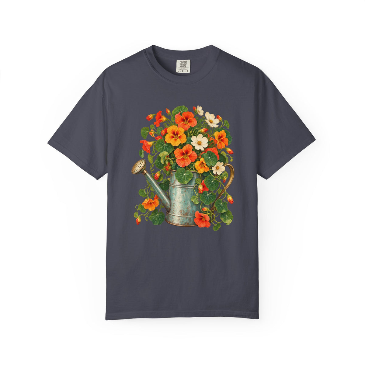 Cottage garden graphic tee - a planted watering can overflowing with nasturtium flowers and foliage, front print