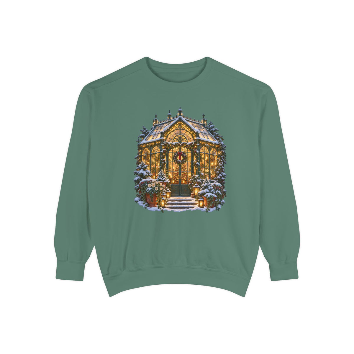 Christmas greenhouse sweatshirt in Light Green, a soft sage garment-dyed Comfort Colors 1566 crewneck with a lit snowy conservatory