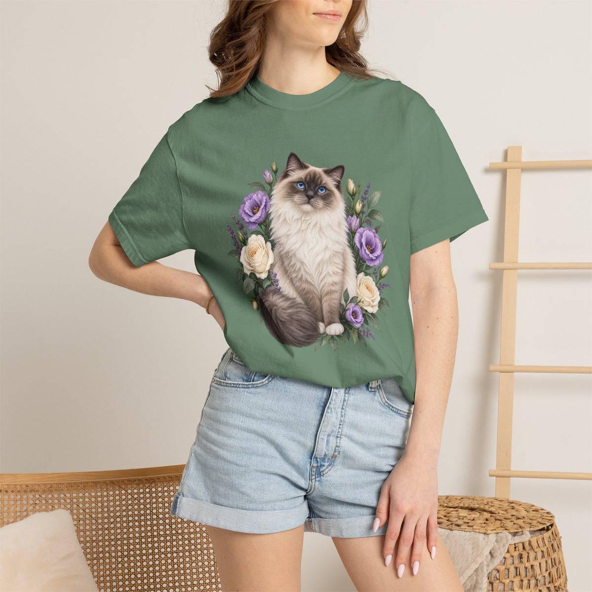 Cat Lover T-Shirt — Blue-Eyed Cat & Wildflowers