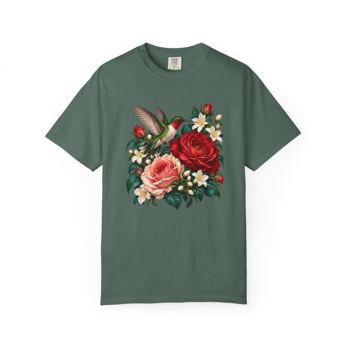 Ruby-Throated Hummingbird T-Shirt - a male ruby-throated hummingbird hovering beside a red rose and a blush pink rose with white jasmine and glossy green leaves, on a garment-dyed Comfort Colors tee