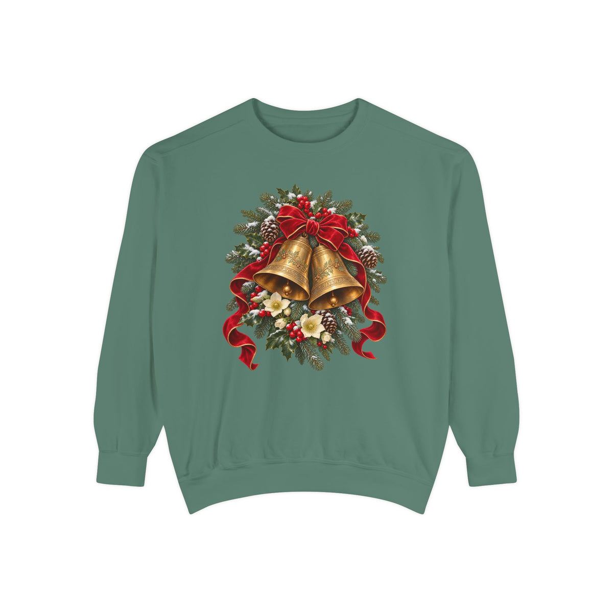 Vintage Christmas bells sweatshirt in Light Green, front view