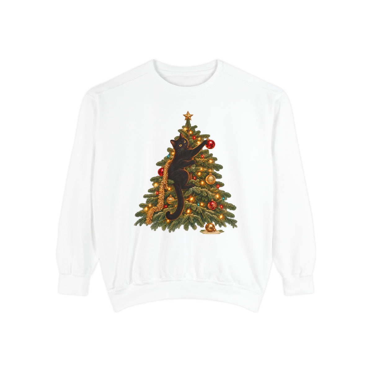 Black cat Christmas sweatshirt in White – a black cat climbing a lit Christmas tree with a gold star, one paw on a red ornament, printed large on the chest of a Comfort Colors crewneck