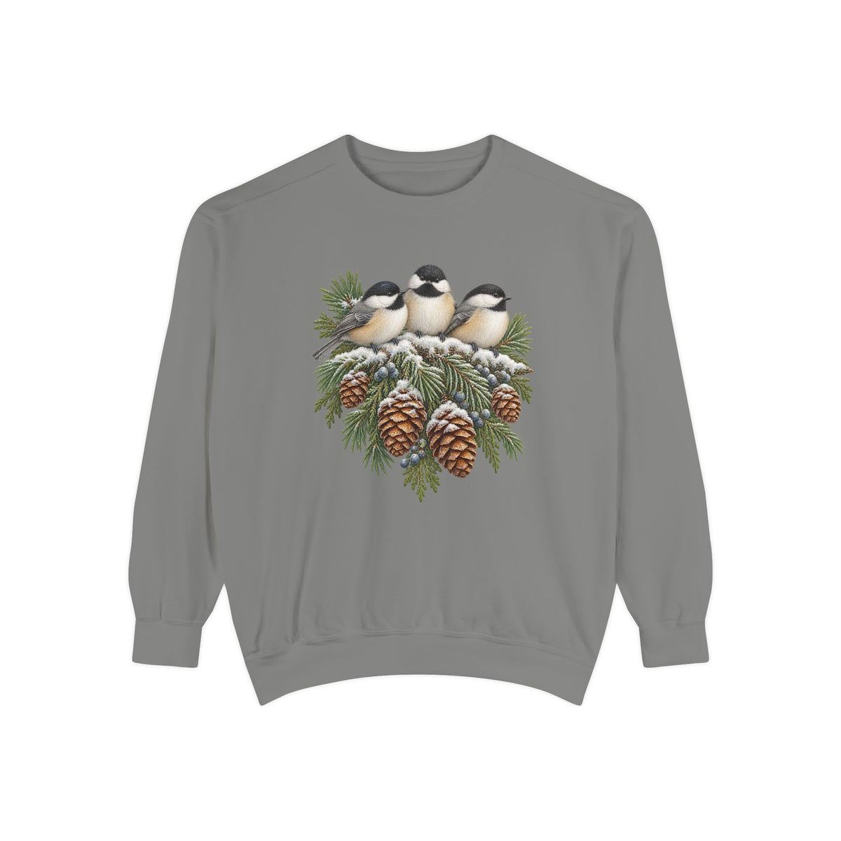Chickadee sweatshirt in Grey - three chickadees on snow-dusted pinecones, no text, printed large and centered on a garment-dyed Comfort Colors 1566 crewneck