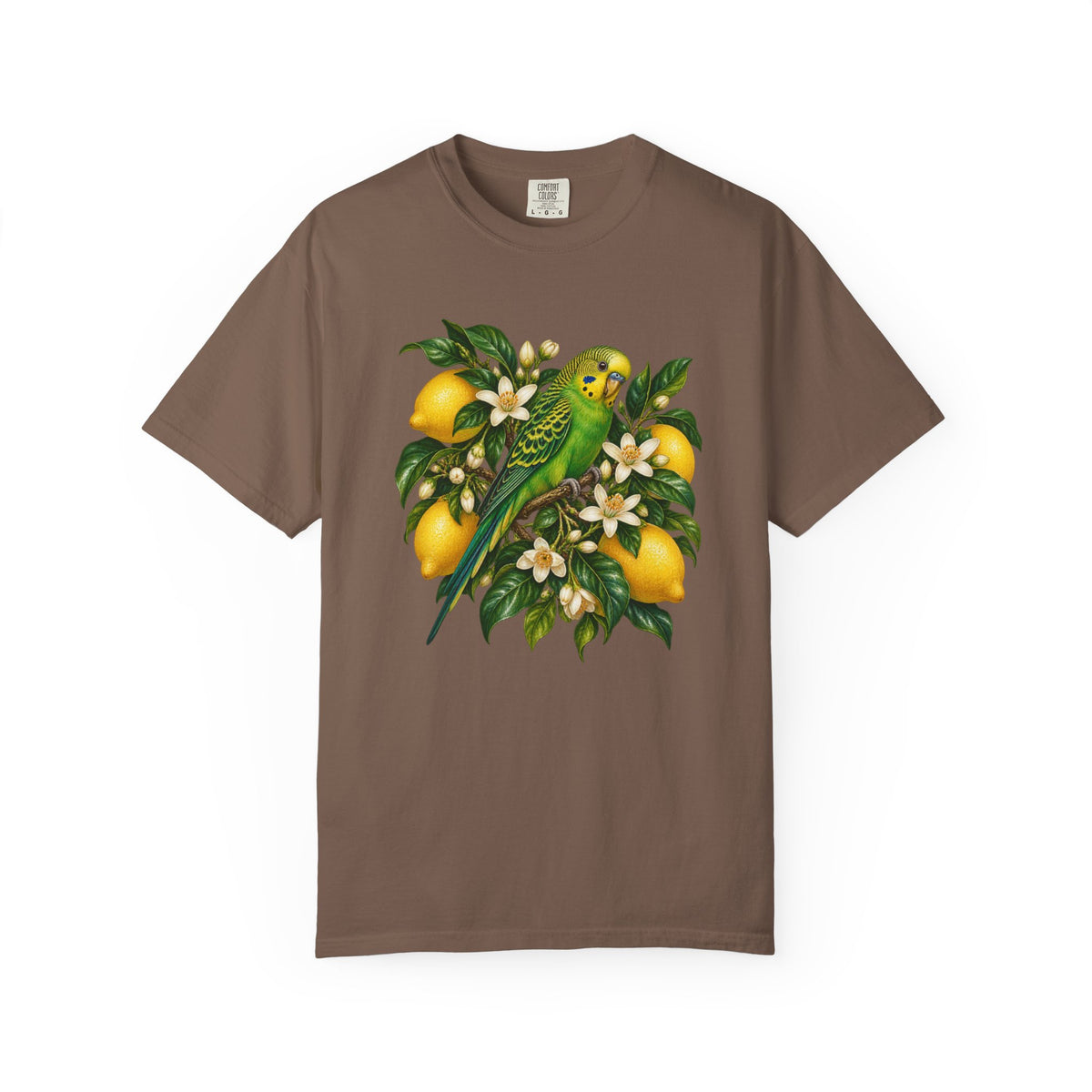 Lemon Tree and Budgie T-Shirt - white five-petalled citrus blossom opening between the fruit and the deep green leaves