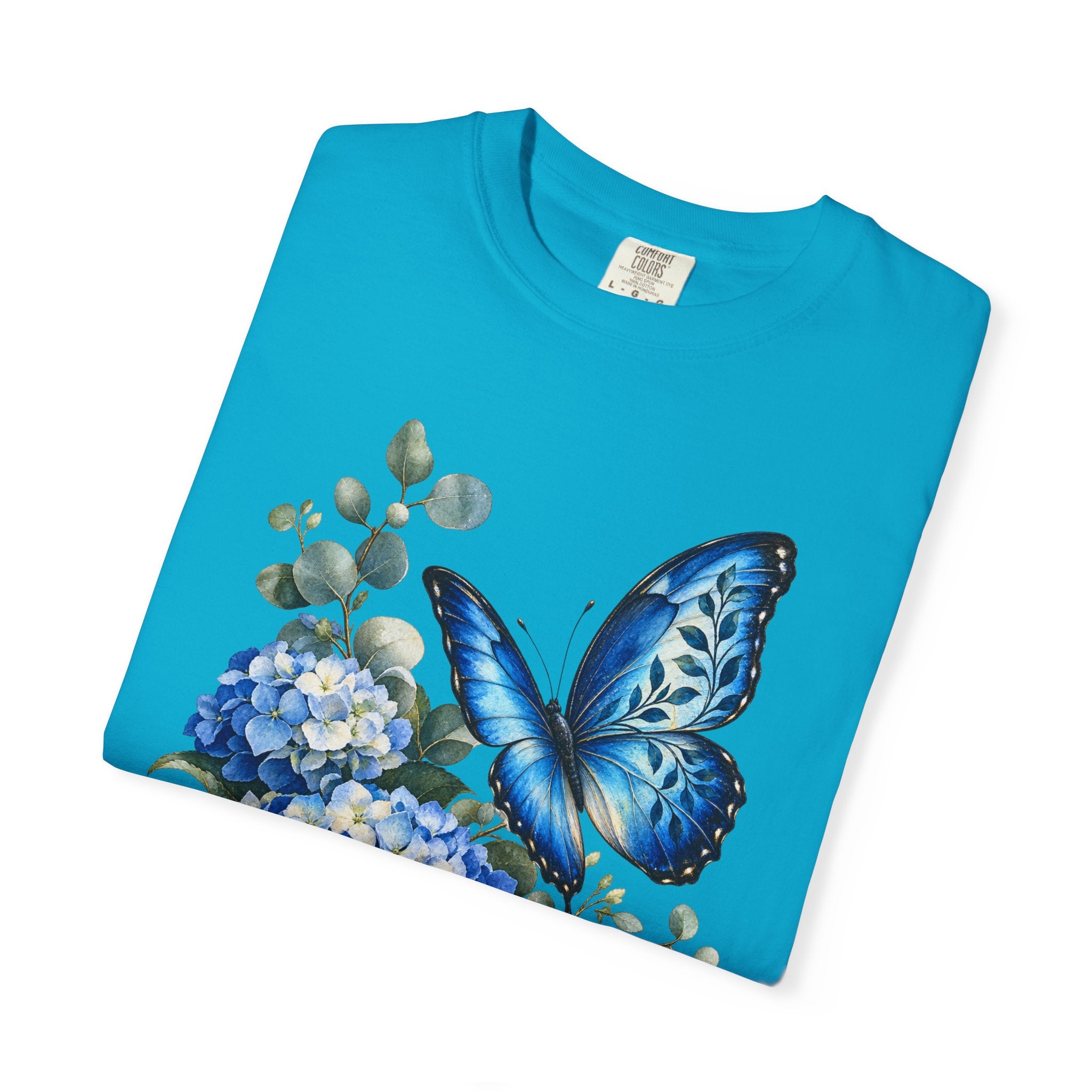 Blue Morpho & Hydrangea T-Shirt — Garment-Dyed Cotton
