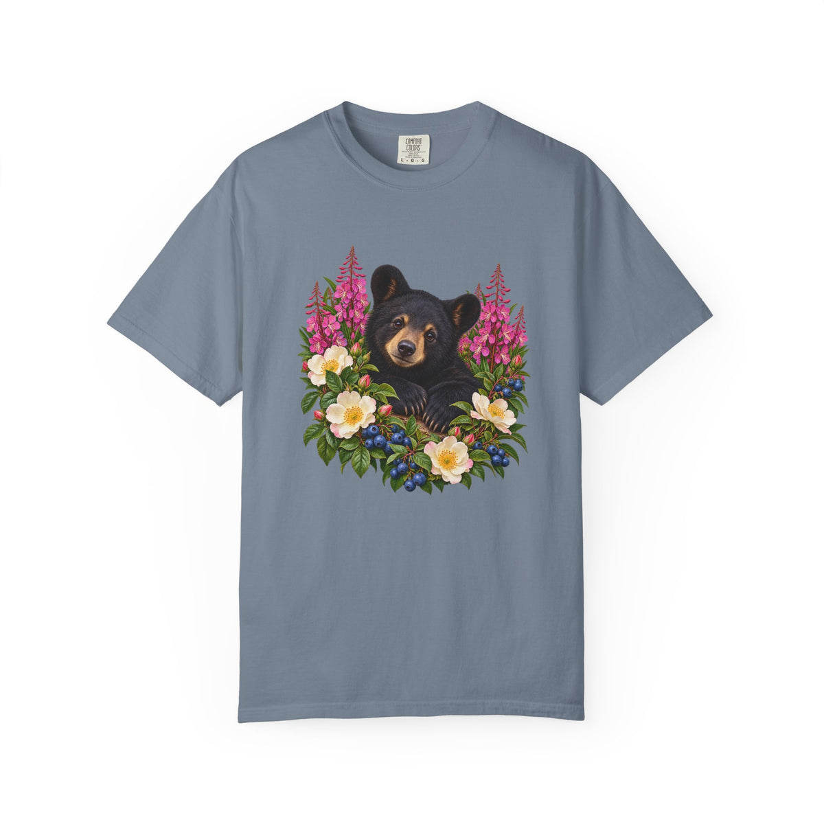 The black bear and fireweed illustration, front-centered chest print on a garment-dyed Comfort Colors 1717 tee