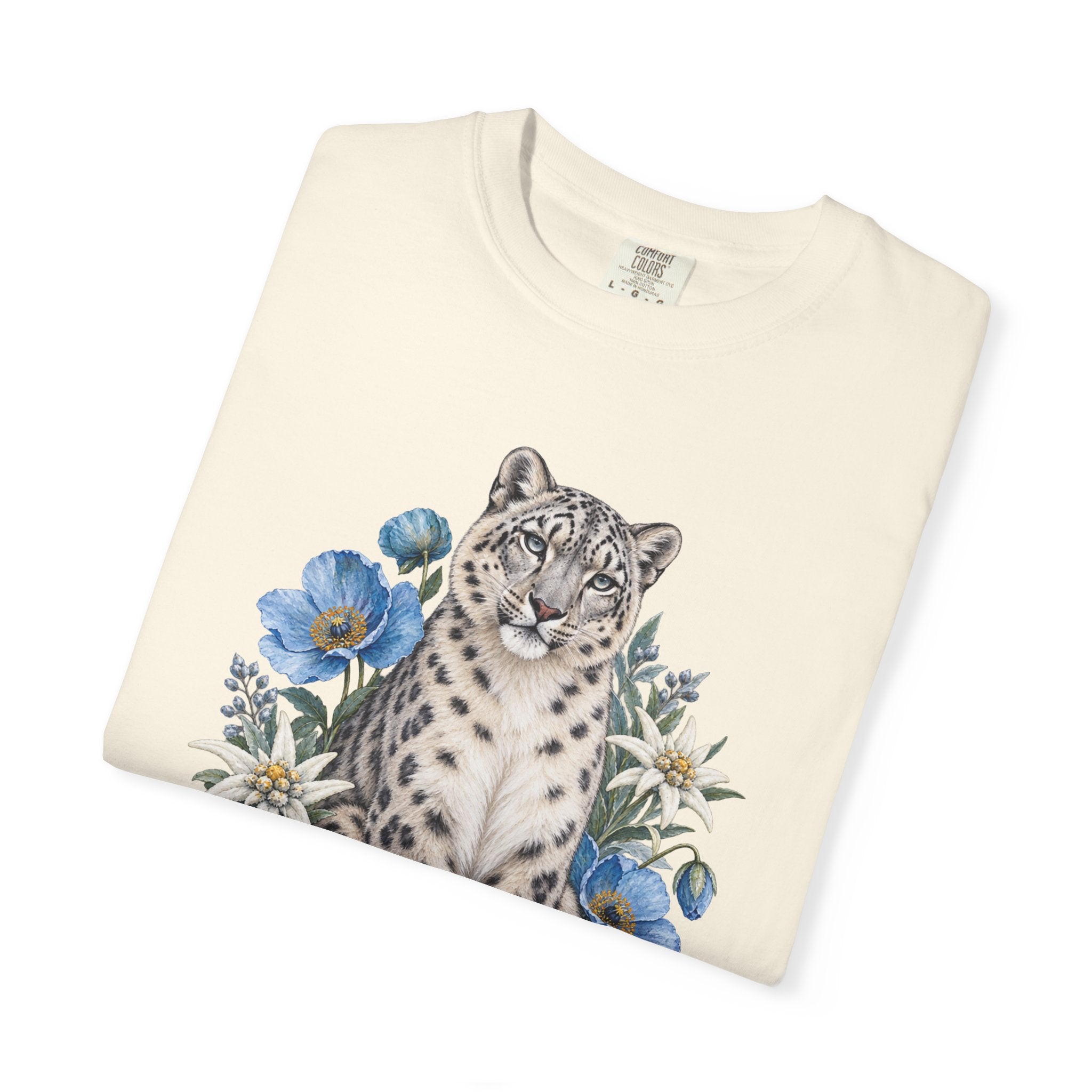 Snow Leopard & Blue Poppy T-Shirt — relaxed fit, front view