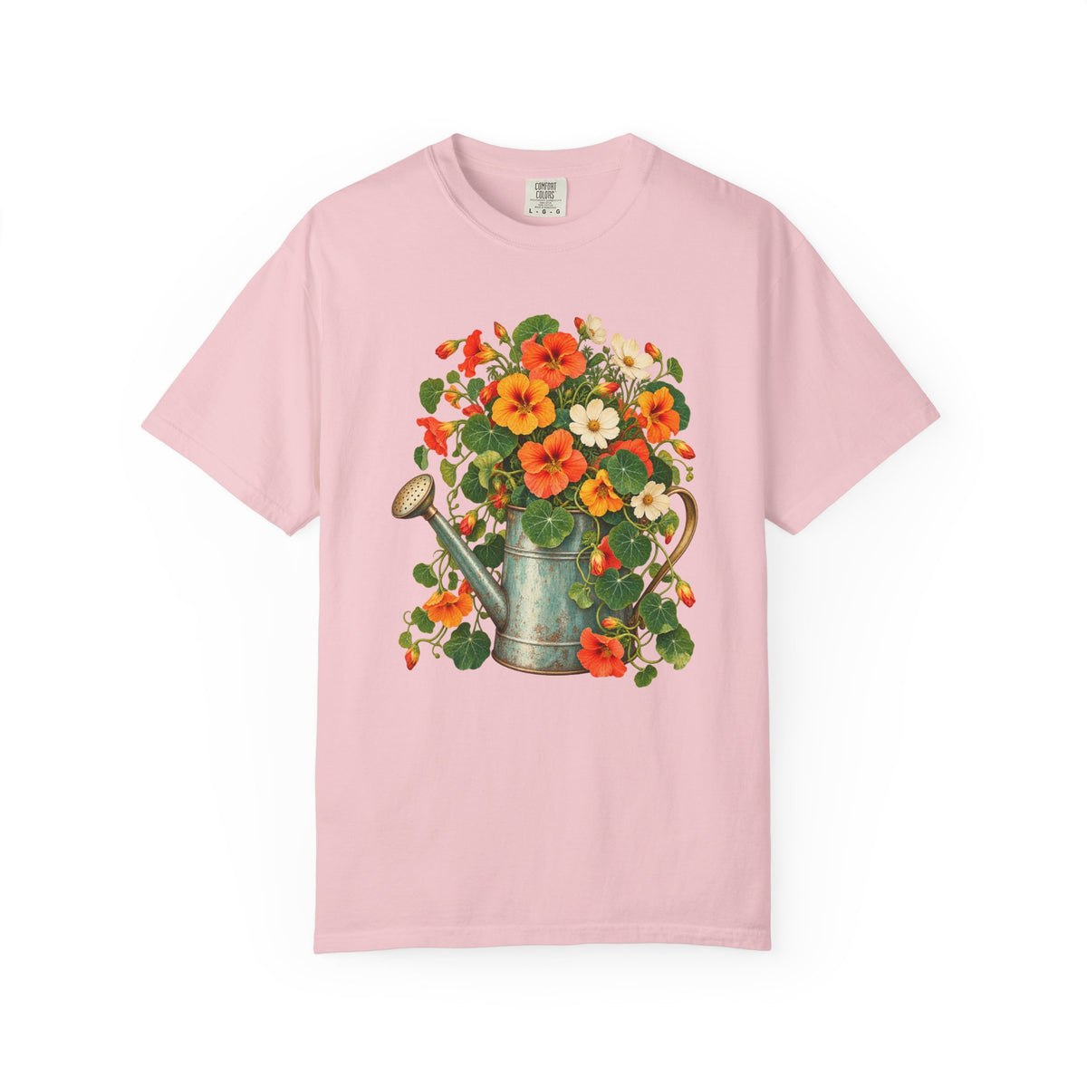 Round lily-pad nasturtium leaves and orange flowers trailing from an old metal watering can, on a Comfort Colors garment-dyed tee