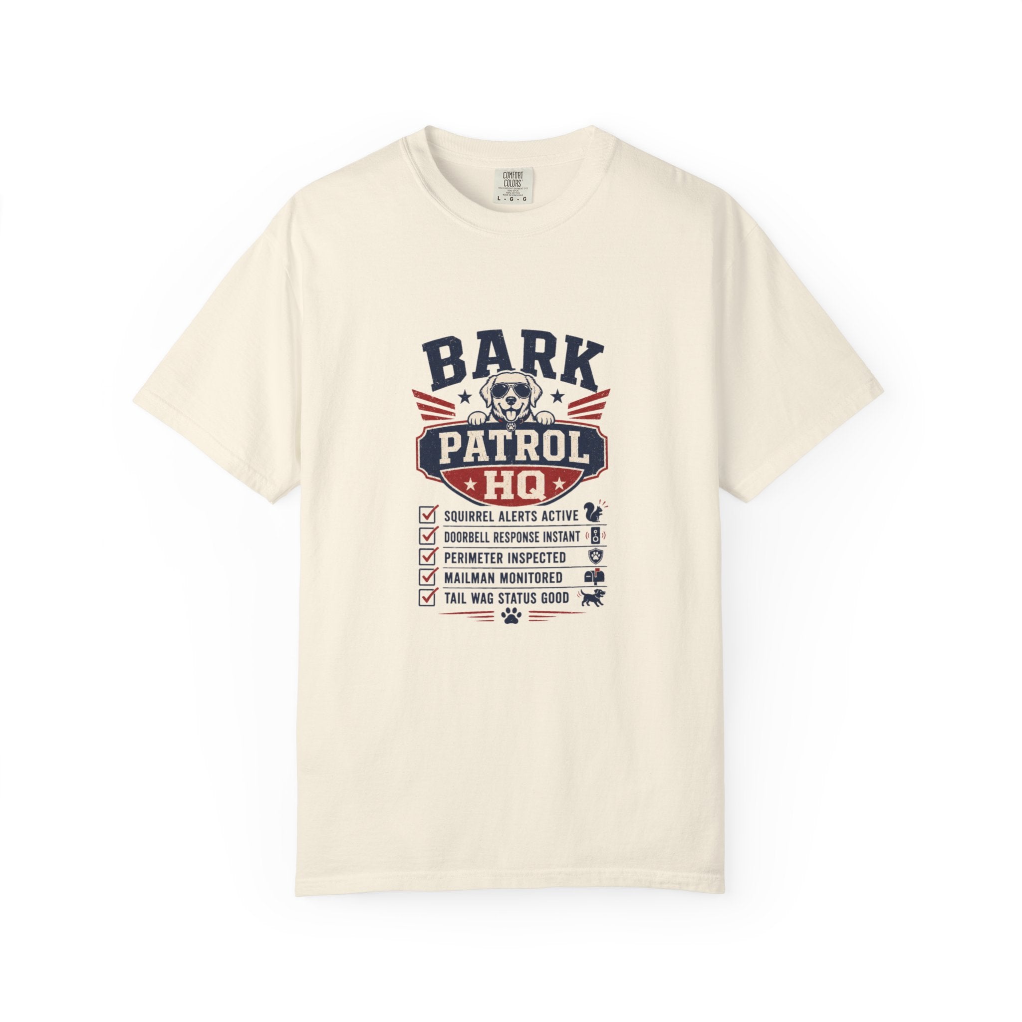 Bark Patrol HQ dog dad tee on model