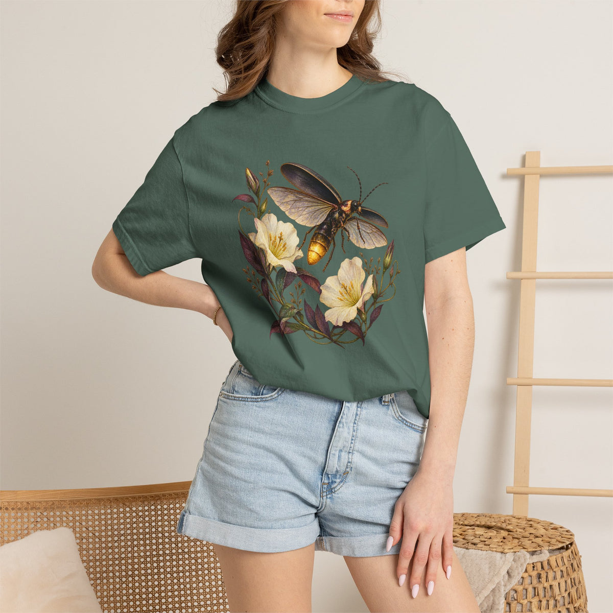 Firefly & Evening Primrose T-Shirt — worn view of the summer night design