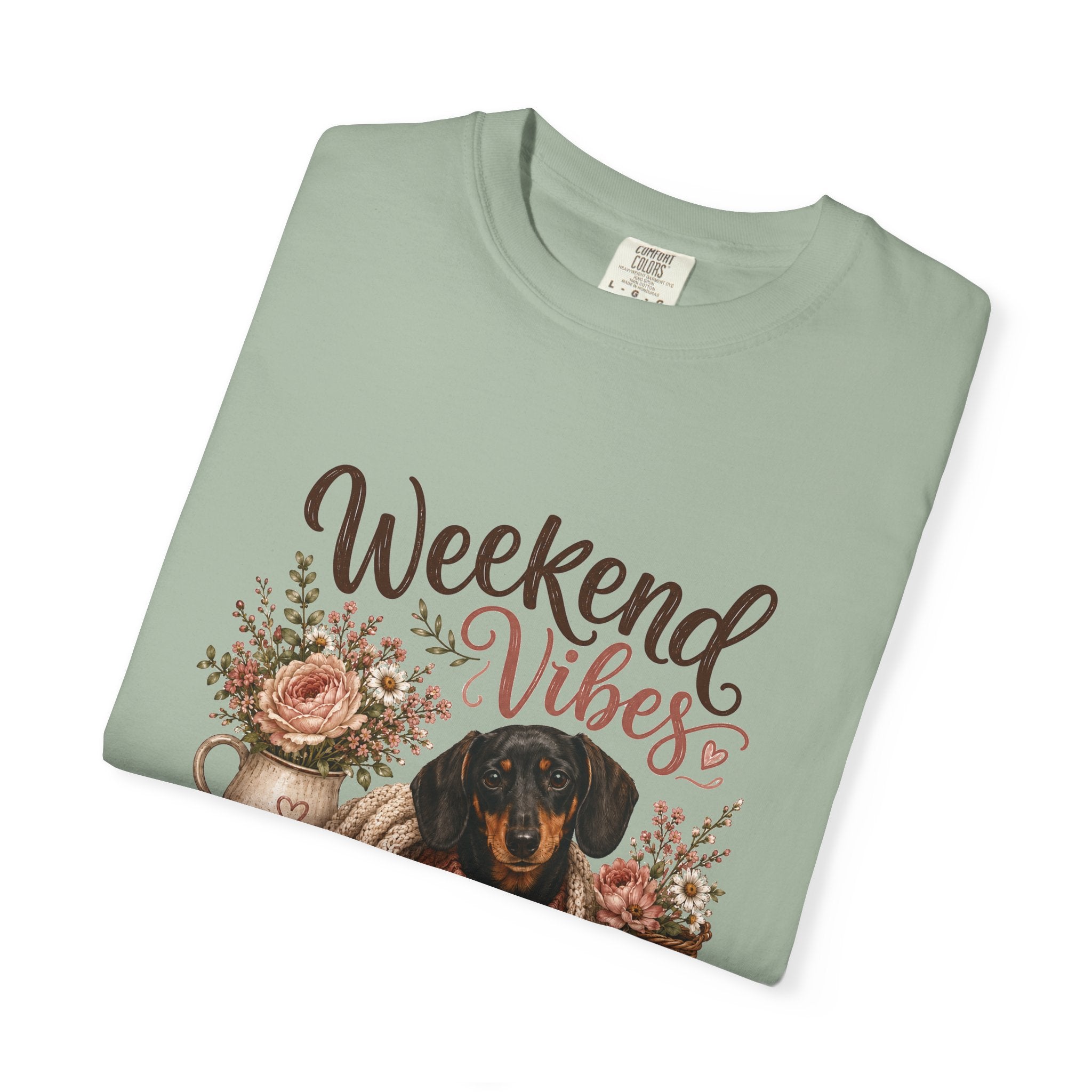 Weekend Vibes Dachshund Comfort Colors Shirt, Coffee Flowers Doxie Tee, Dachshund Mom Gift, Cozy Dog Shirt, Dog Lover Gift Her