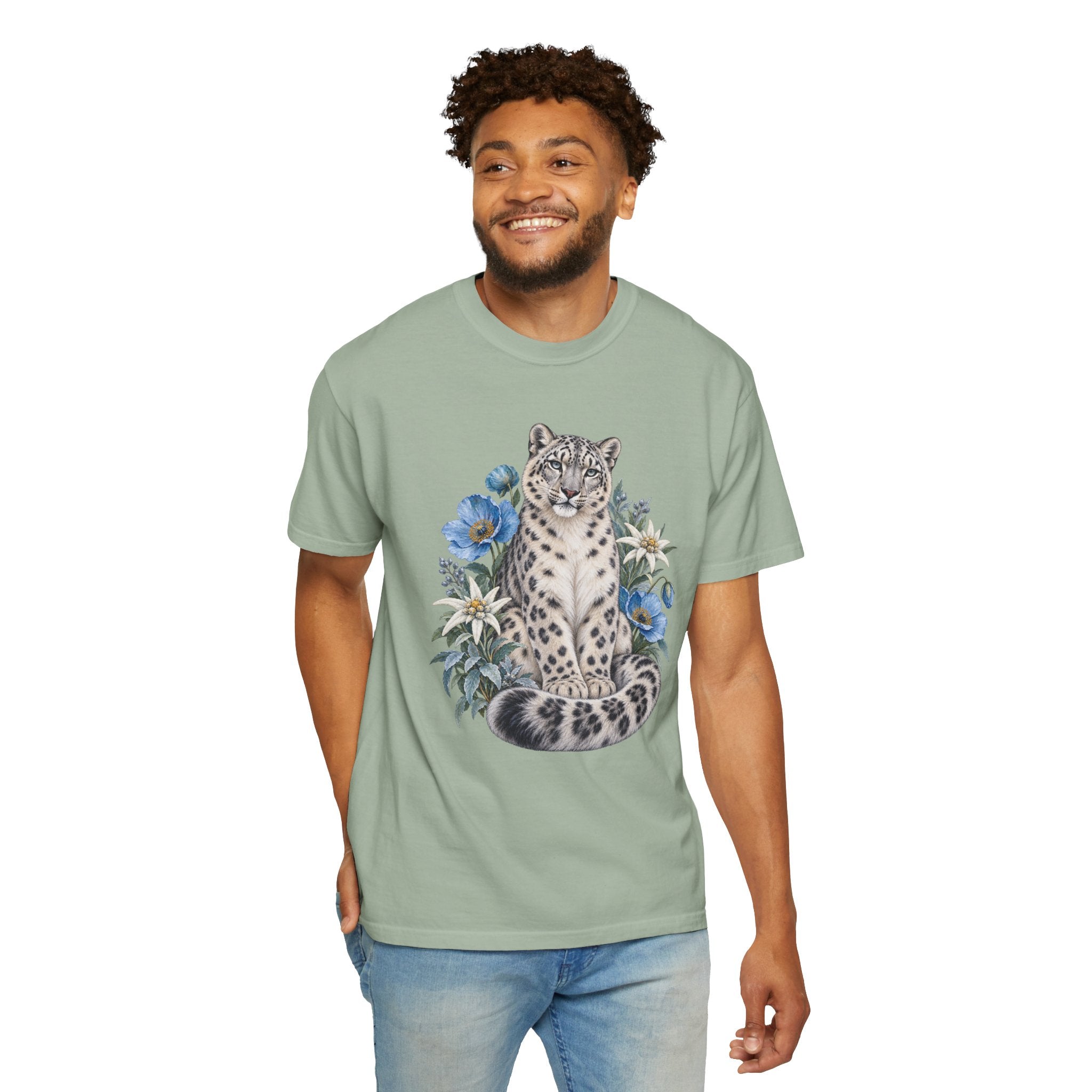 Snow Leopard & Blue Poppy T-Shirt — relaxed unisex fit, modelled front