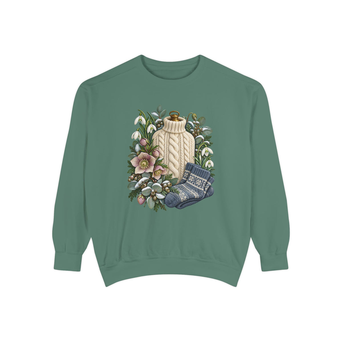 Snowdrop, hellebore and evergreen design on a brushed fleece interior crewneck, printed and not embroidered - a cream cable-knit bottle cover standing among white snowdrops, pink hellebores, folded blue patterned socks and snow-dusted evergreen