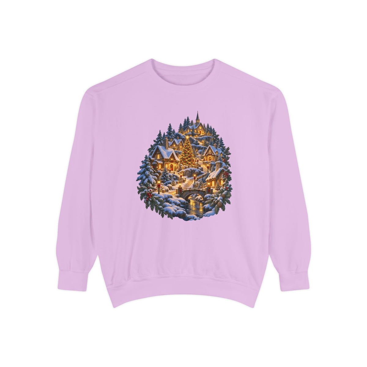 Small town Christmas sweatshirt in Orchid, a light lavender garment-dyed Comfort Colors 1566 crewneck with a snowy hillside village and lit church