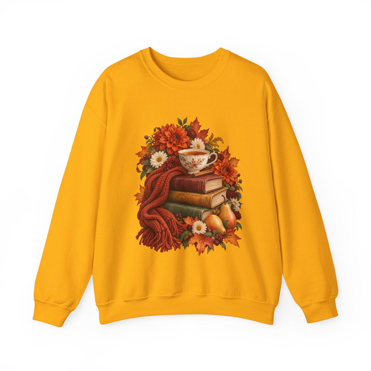 Just One More Chapter crewneck sweatshirt, a floral teacup resting on a stack of vintage books with pears, autumn flowers and a rust-colored scarf, image 4 of 14
