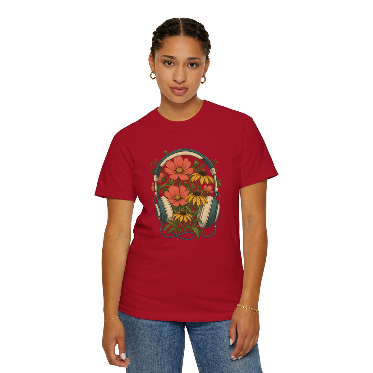 On Her Own Frequency — Floral Headphones T-Shirt, garment-dyed Comfort Colors cotton