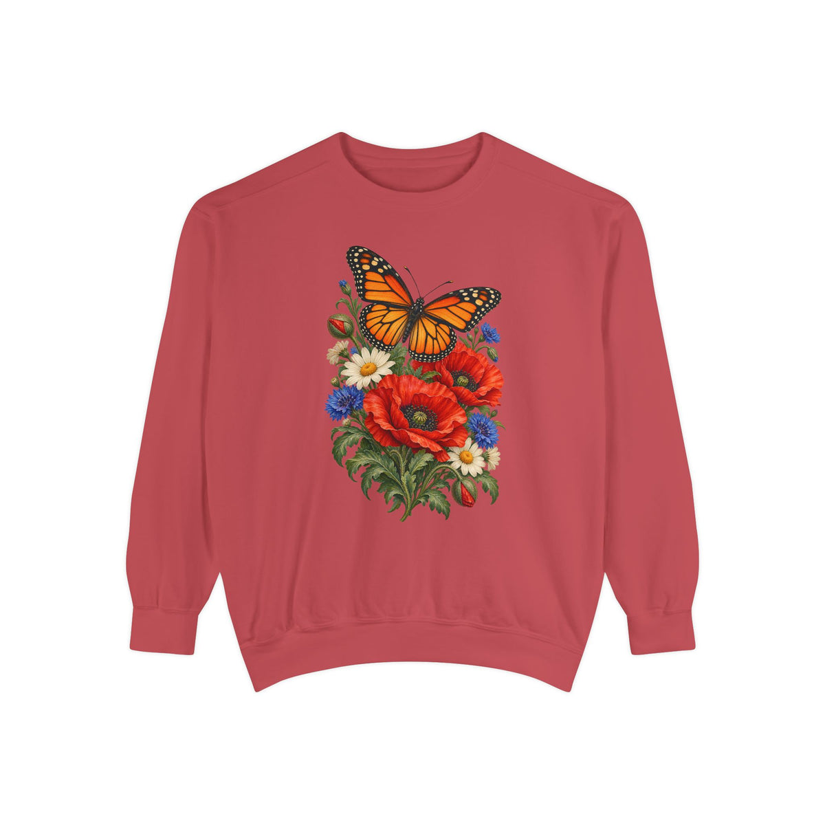Poppy and butterfly botanical print on a garment-dyed Comfort Colors 1566 crewneck sweatshirt